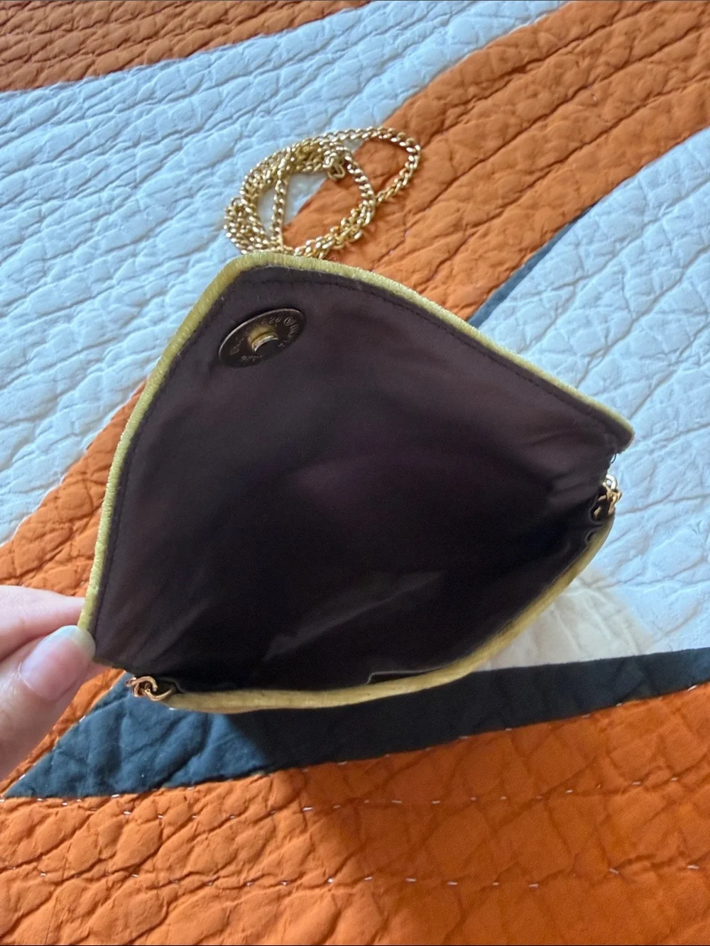 Vintage Mustard Velvet Envelope Crossbody Bag with Gold Chain